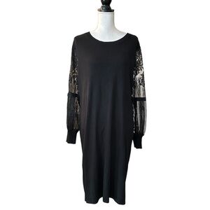 NY Collection Sheer Lace Sleeve Sweater Knit Cocktail Dress SZ XL in Black NEW
